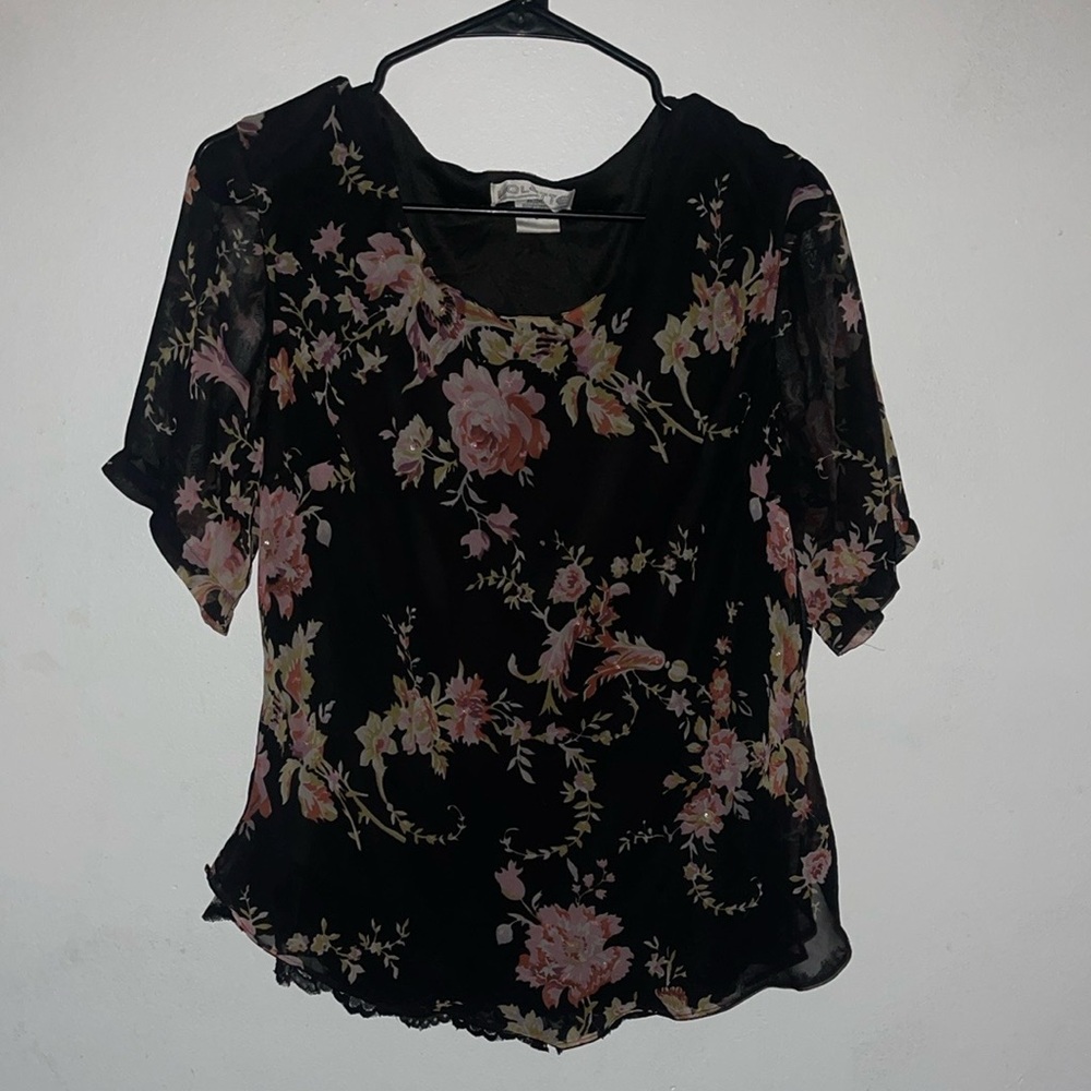 Vintage Floral Black Blouse large clean excellent